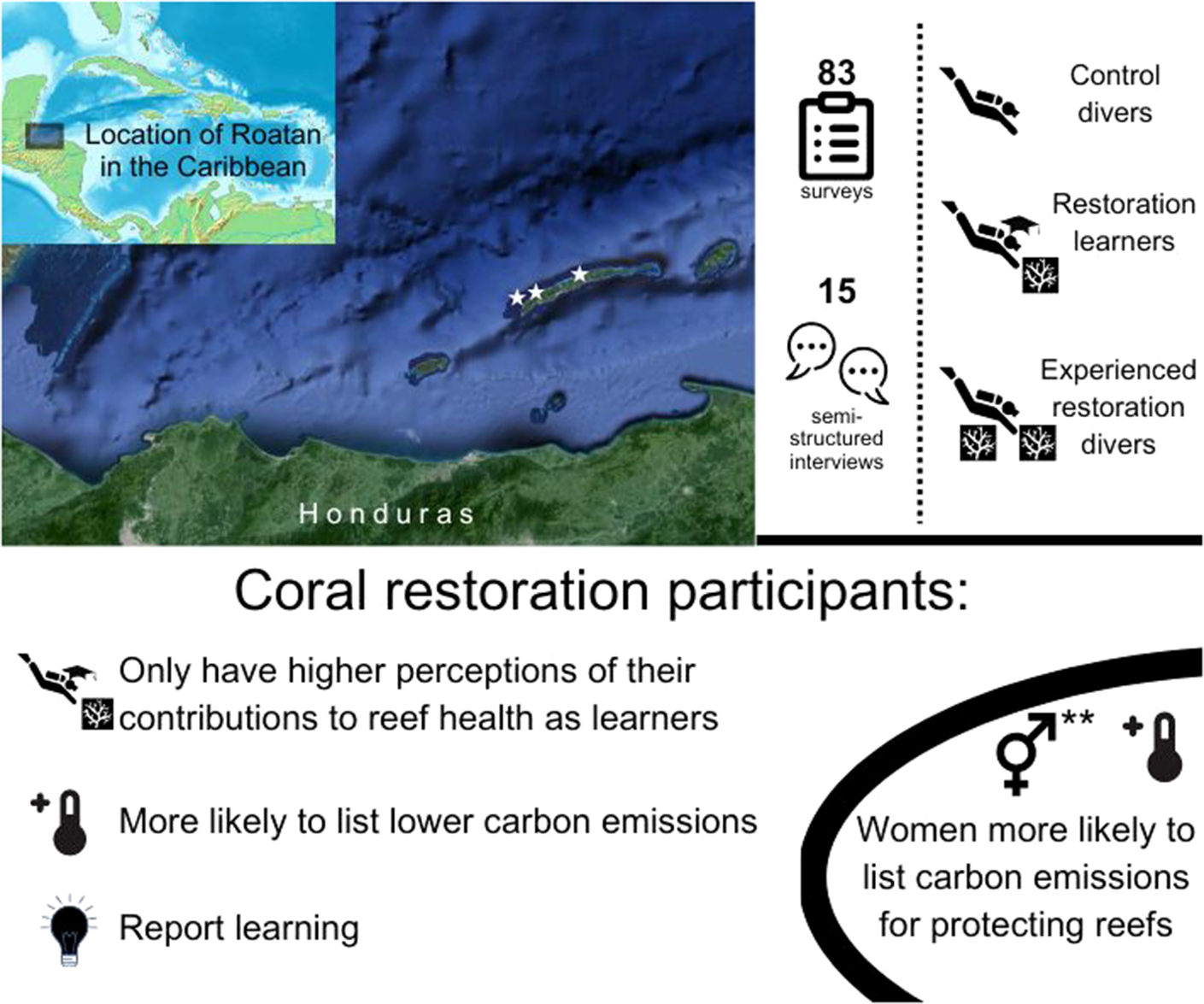 graphical abstract for Seeing the forest for the coral trees: involvement and perceptions of reef threats among coral restoration volunteers in Roatan, Honduras - open in full screen