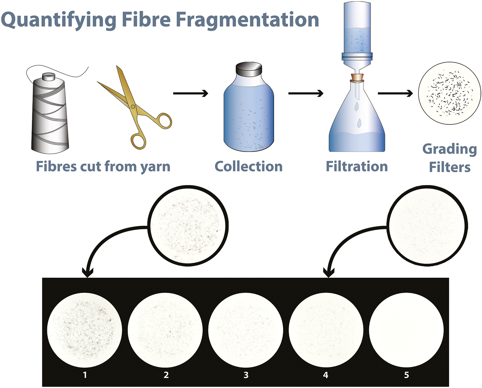 graphical abstract for Low-cost, high-throughput quantification of microplastics released from textile wash tests: Introducing the fibre fragmentation scale - open in full screen