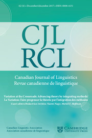 Canadian Journal of Linguistics/Revue canadienne de linguistique Volume 62 - Issue 4 -  Variation at the Crossroads: Advancing theory by integrating methods/La Variation: Faire progresser la théorie par l'intégration des méthodes